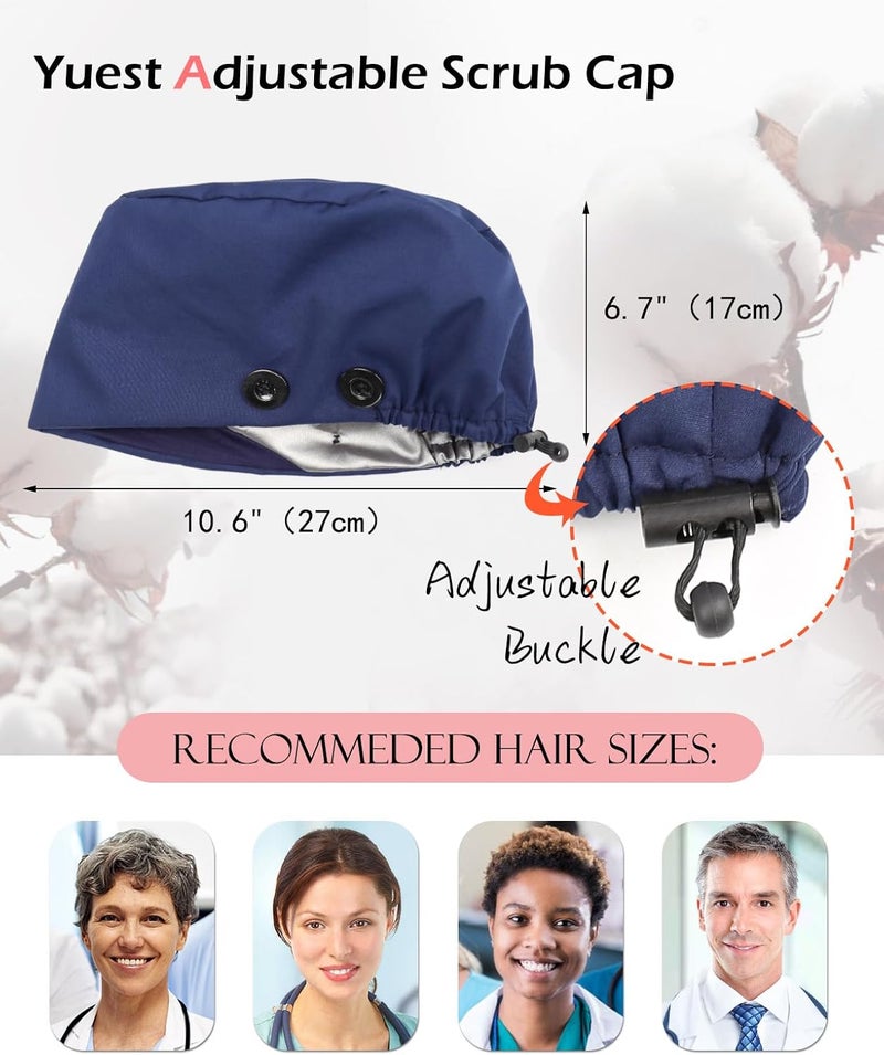 Yuest Adjustable Scrub Caps for Women Men - 4 Mask Attachment Buttons & Satin Lined Scrub Caps - Image 4